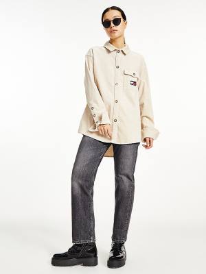 Tommy Hilfiger Tommy Badge Corduroy Oversized Fit Overshirt Ženske Srajce Bež | TH375IOJ