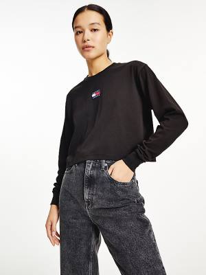 Tommy Hilfiger Tommy Badge Long Sleeve Ženske Majice Črna | TH536TOE