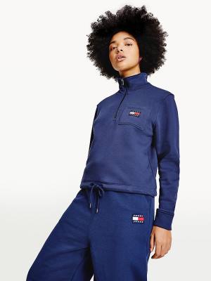 Tommy Hilfiger Tommy Badge Quarter Zip Drawstring Sweatshirt Ženske Pulover s kapuco Modra | TH901DAO