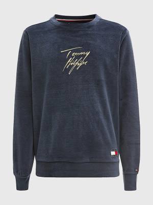 Tommy Hilfiger Velour Signature Logo Sweatshirt Moški Pižama Modra | TH160GRU