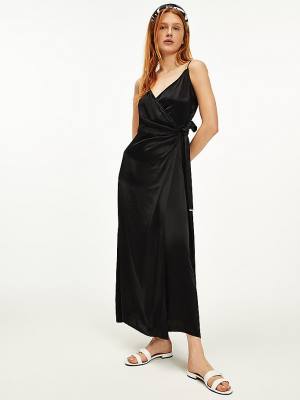 Tommy Hilfiger Viscose Satin Wrap Ženske Obleke Črna | TH647VXH